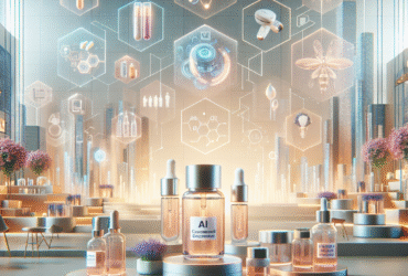 Futuristic skincare innovations with AI devices, personalized formulations, and sustainable packaging, highlighting biotech and holistic health in a vibrant, visually engaging style.