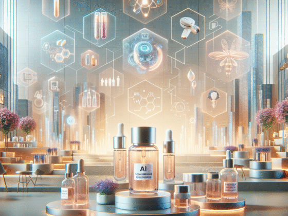 Futuristic skincare innovations with AI devices, personalized formulations, and sustainable packaging, highlighting biotech and holistic health in a vibrant, visually engaging style.