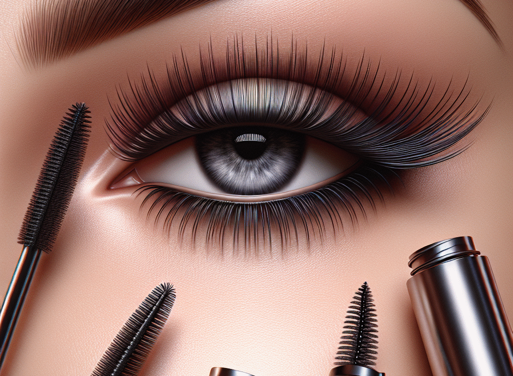 A close-up of beautifully defined lashes with volumizing mascara on hooded eyes, showcasing sleek packaging of popular mascara brands and application tools like eyelash curlers.