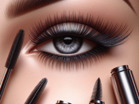 A close-up of beautifully defined lashes with volumizing mascara on hooded eyes, showcasing sleek packaging of popular mascara brands and application tools like eyelash curlers.