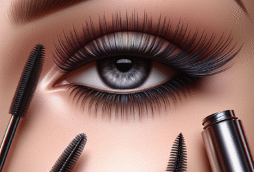 A close-up of beautifully defined lashes with volumizing mascara on hooded eyes, showcasing sleek packaging of popular mascara brands and application tools like eyelash curlers.