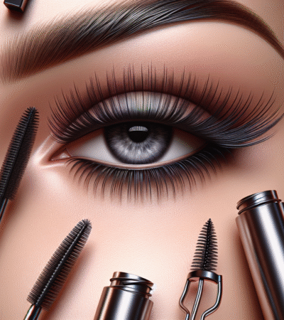 A close-up of beautifully defined lashes with volumizing mascara on hooded eyes, showcasing sleek packaging of popular mascara brands and application tools like eyelash curlers.