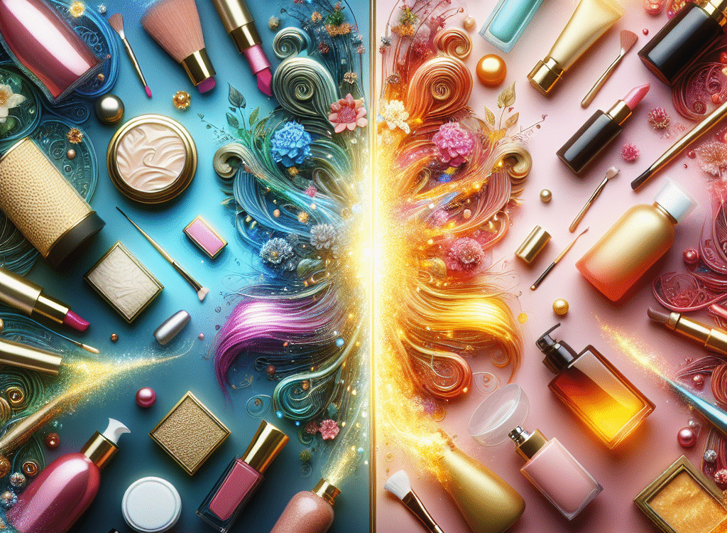 A split image showcasing luxurious high-end beauty products on one side and affordable budget beauty products on the other, highlighting the contrast in quality and price.