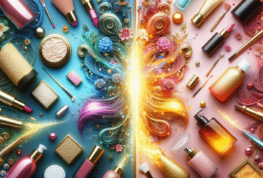 A split image showcasing luxurious high-end beauty products on one side and affordable budget beauty products on the other, highlighting the contrast in quality and price.