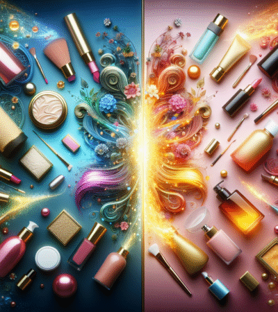 A split image showcasing luxurious high-end beauty products on one side and affordable budget beauty products on the other, highlighting the contrast in quality and price.