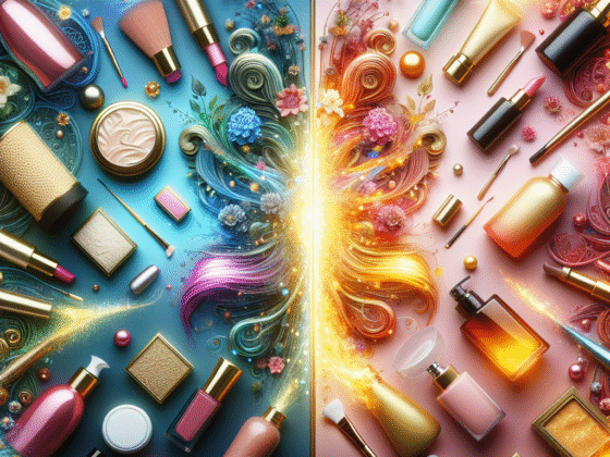 A split image showcasing luxurious high-end beauty products on one side and affordable budget beauty products on the other, highlighting the contrast in quality and price.